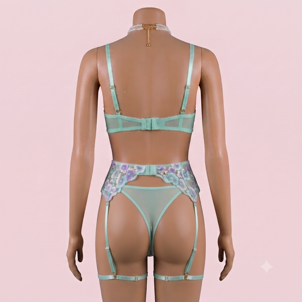 Green Bra Panty Set with Garter Belt and Straps – Lingerie