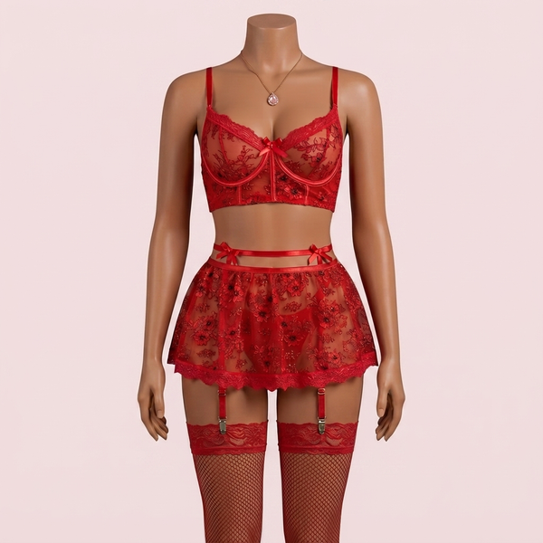 Red Bra Panty Set with Garter Belt – Lingerie