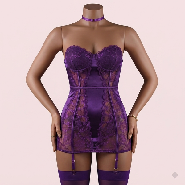 Purple Bra Panty Set with Garter Belt and Straps – Lingerie