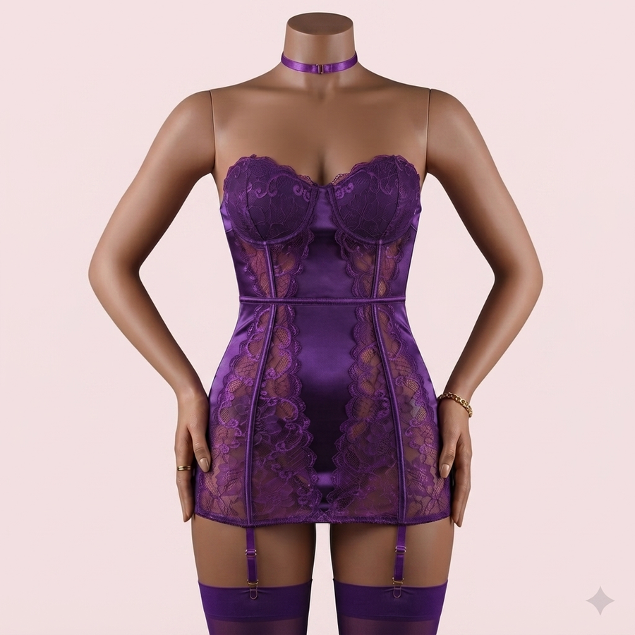 Purple Bra Panty Set with Garter Belt and Straps – Lingerie