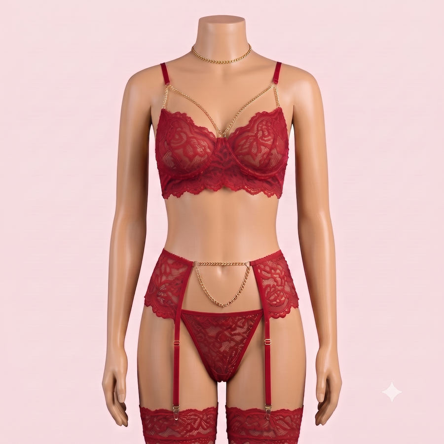 Red Bra Panty Set with Garter Belt and Straps – Lingerie