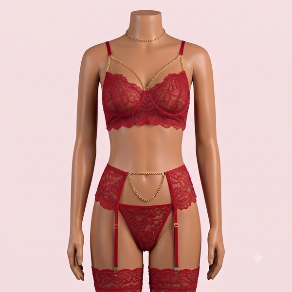 Red Bra Panty Set with Garter Belt and Straps – Lingerie